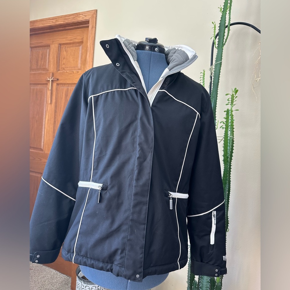 “White Sierra” Outerwear. Black with White Trim Ski Jacket and Ski Pants